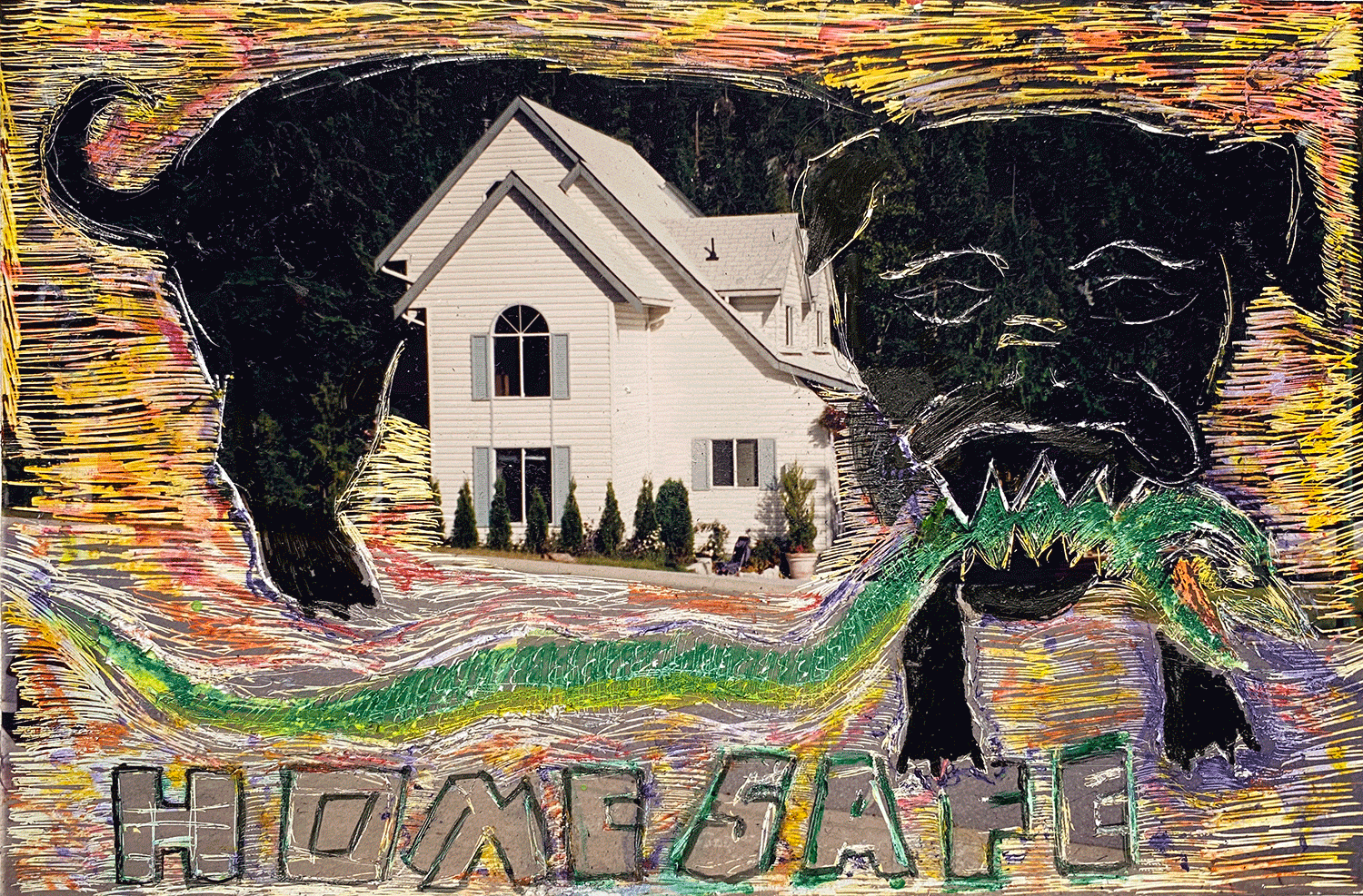 A picture is scratched onto a photo of a house. The picture is a dog holding a snake in its mouth. The dog is wrapped around the photograph of the house. Written on the bottom is "Home Safe".